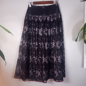 Vintage Charlie Grey Velvet Black Silver Lace Whimsigoth Sheer Boho Maxi Skirt M